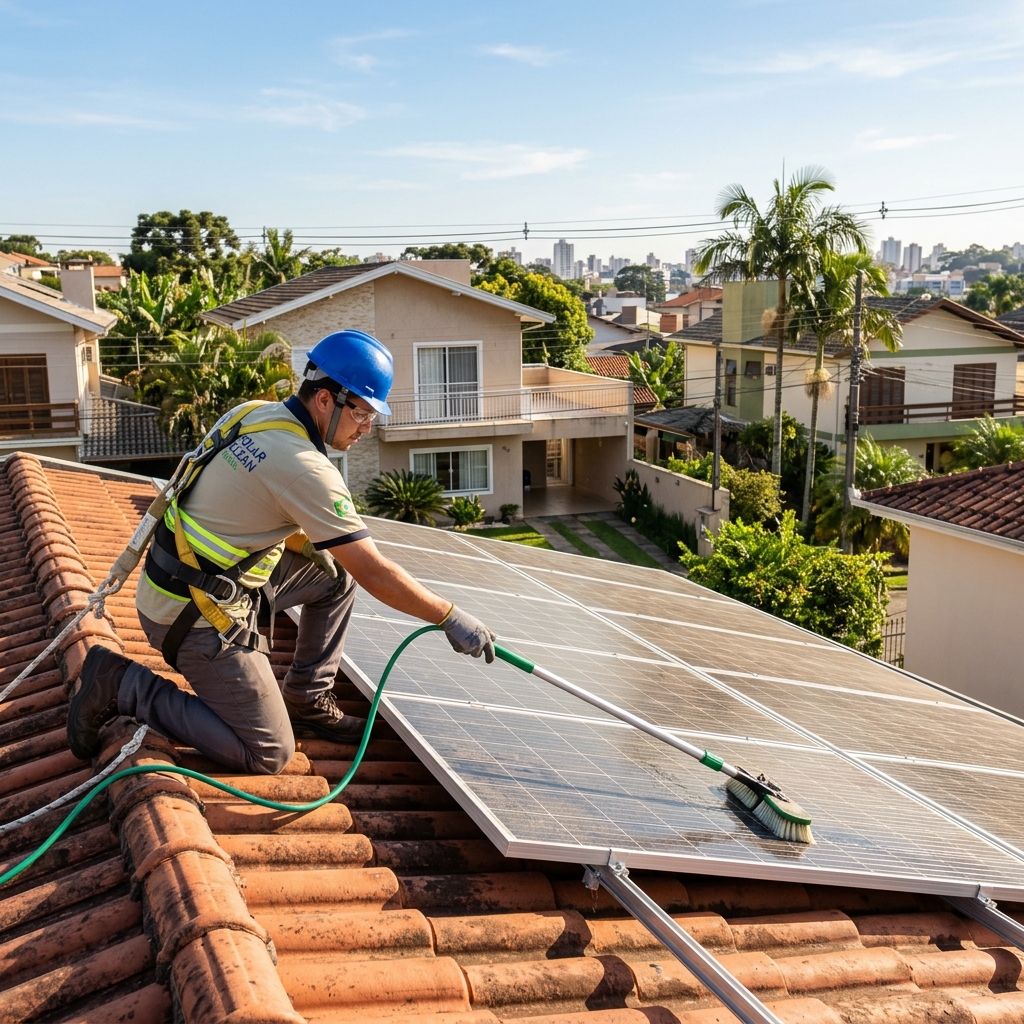 Técnico realizando manutenção e limpeza de painéis solares no telhado de casa brasileira