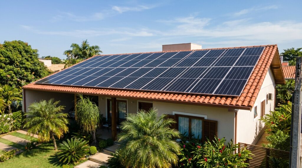 Sistema fotovoltaico instalado em telhado de casa residencial pela Imperio Solar Renováveis