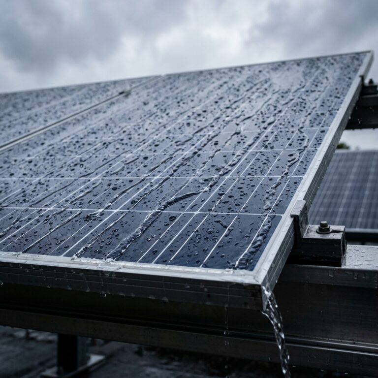 Painéis solares com gotas de chuva na superfície de vidro, demonstrando resistência e funcionamento mesmo na chuva
