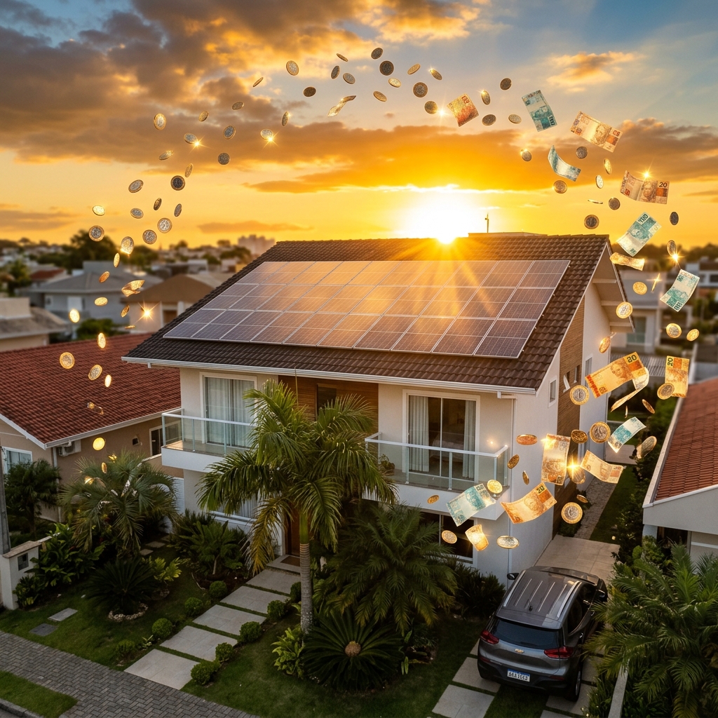 Painéis solares no telhado representando investimento e economia — mesmo com aumento de impostos, o solar continua rentável