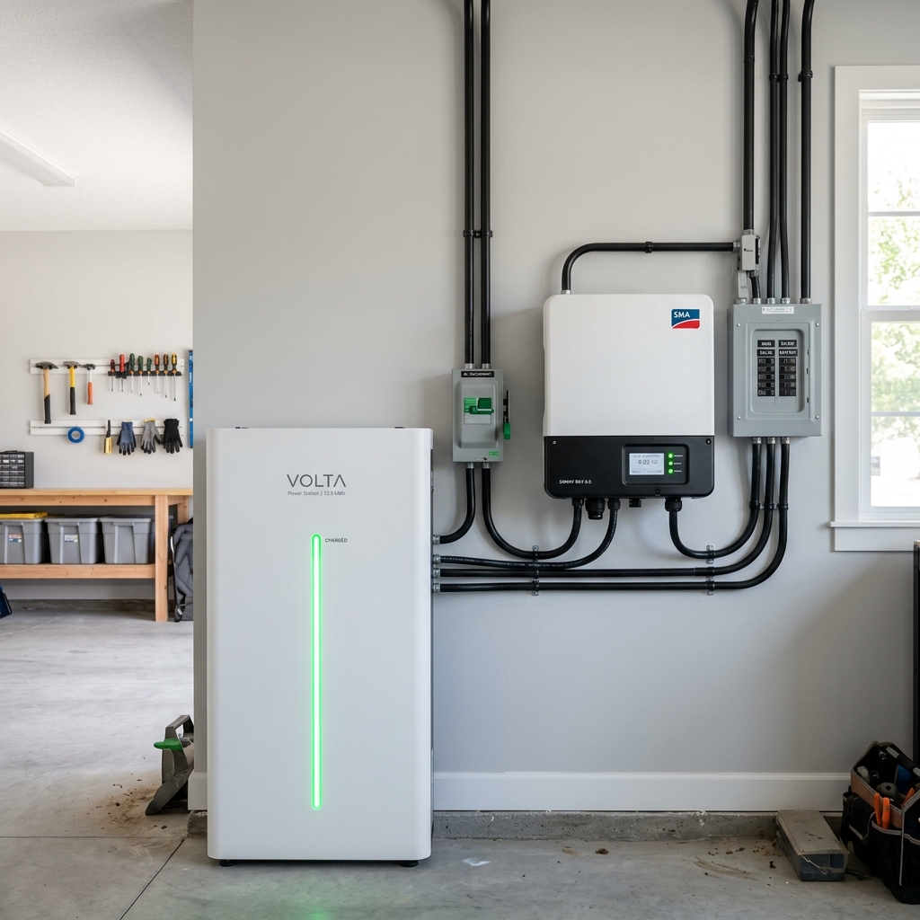 Sistema de bateria residencial instalado na parede da garagem ao lado do inversor solar — solução híbrida completa