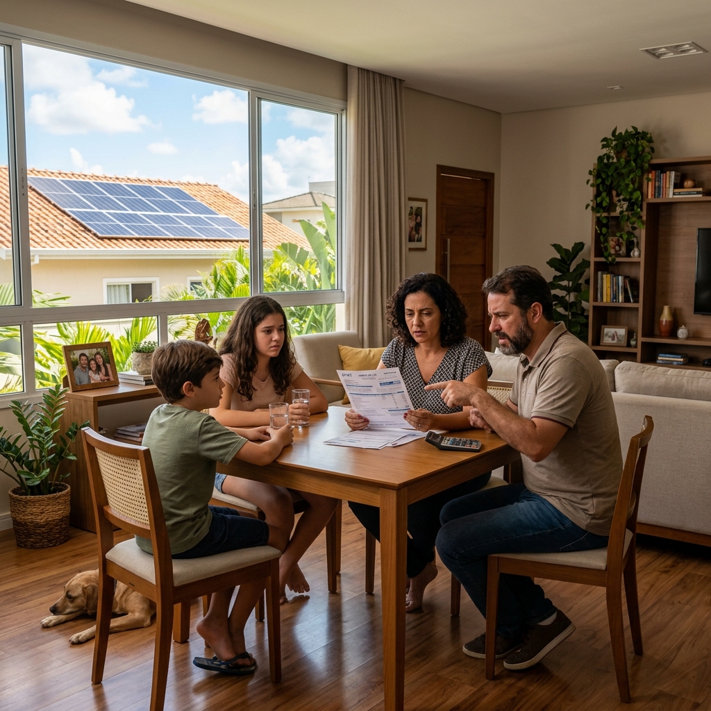 Família brasileira preocupada com conta de luz alta com painéis solares no telhado ao fundo