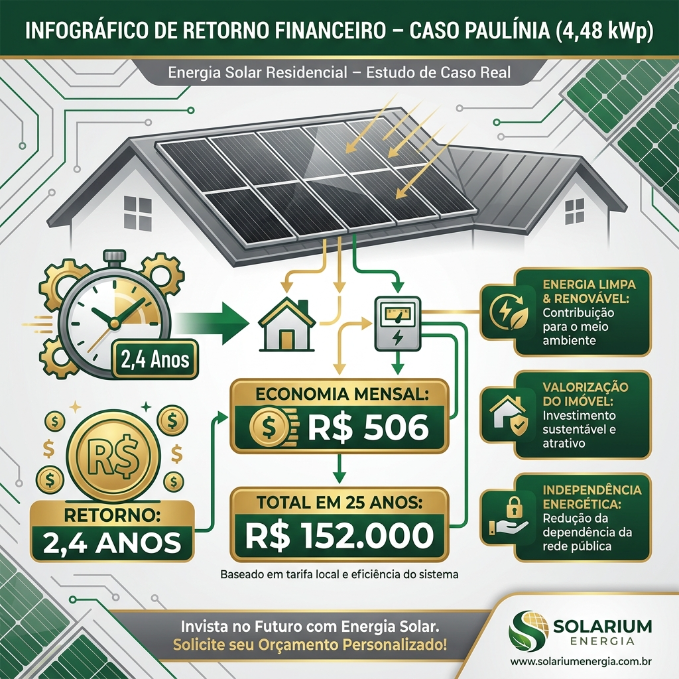Infográfico mostrando o retorno sobre investimento do sistema solar de 4,48 kWp instalado em Paulínia: payback de 2,4 anos e economia anual de R$ 6.072