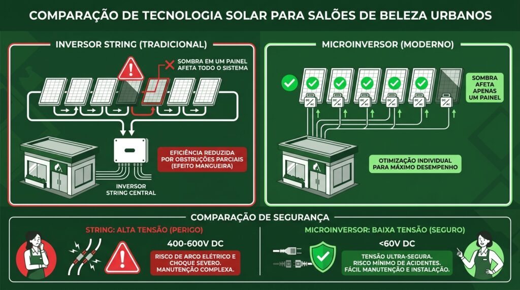 Infográfico comparando inversor string versus microinversor em salões de beleza urbanos com sombreamento e segurança