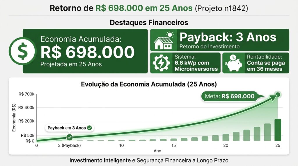Infográfico ilustrando a economia superior a R$ 698 mil e o rápido retorno financeiro