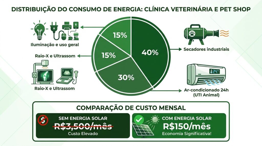 Infográfico comparativo do consumo energético de uma clínica veterinária e pet shop de grande porte com e sem energia solar