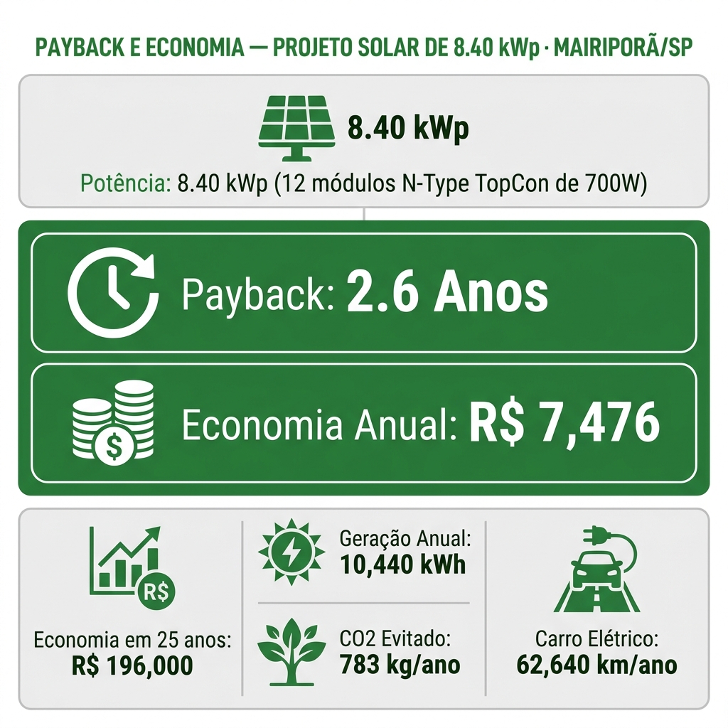 Infográfico mostrando o retorno sobre investimento do sistema solar de 8,40 kWp instalado em Mairiporã: payback de 2,6 anos e economia anual de R$ 7.476