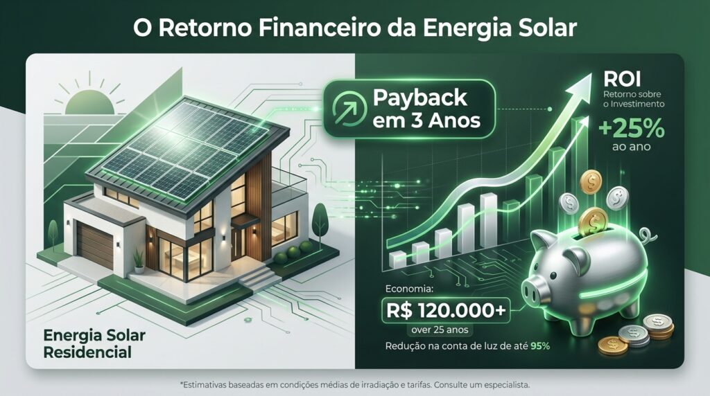Infográfico ilustrando a economia mensal e o payback de energia solar residencial