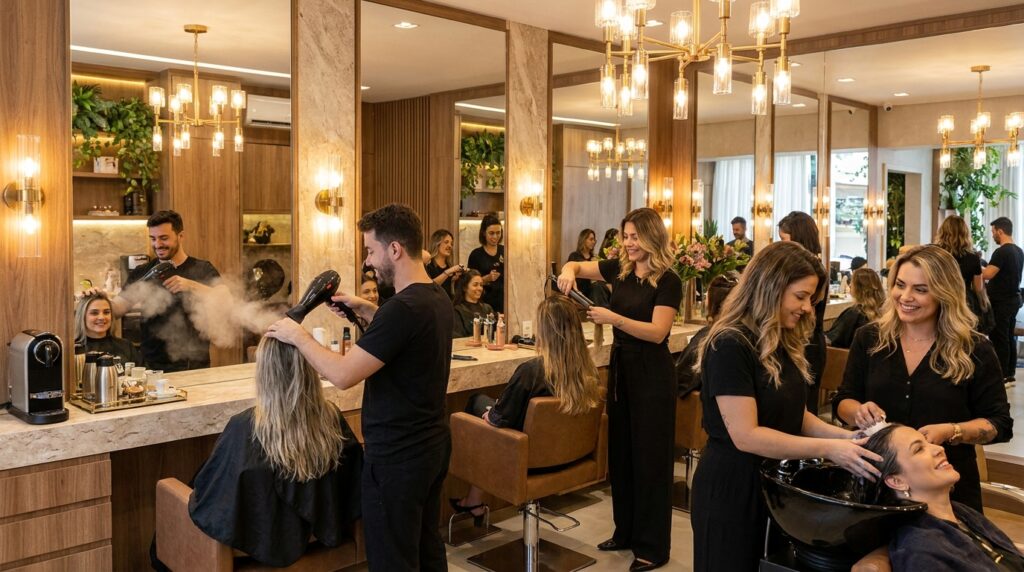 Interior de salão de beleza premium com múltiplos secadores e chapinhas em operação simultânea consumindo energia