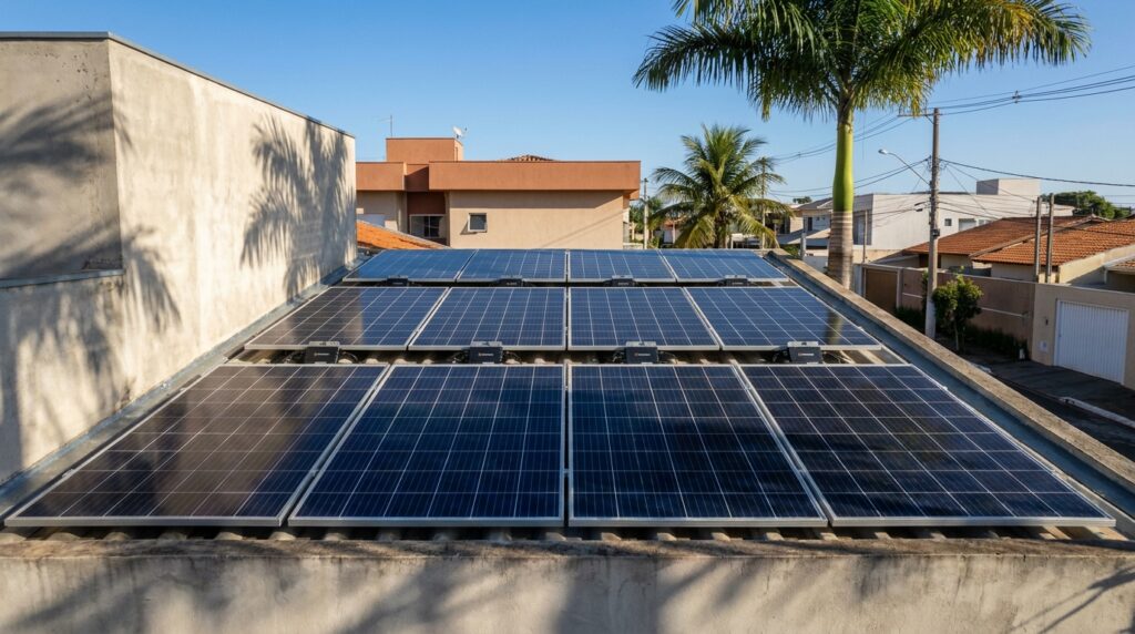 Painéis solares com microinversores instalados em telhado urbano de São Paulo com sombreamento parcial de prédios