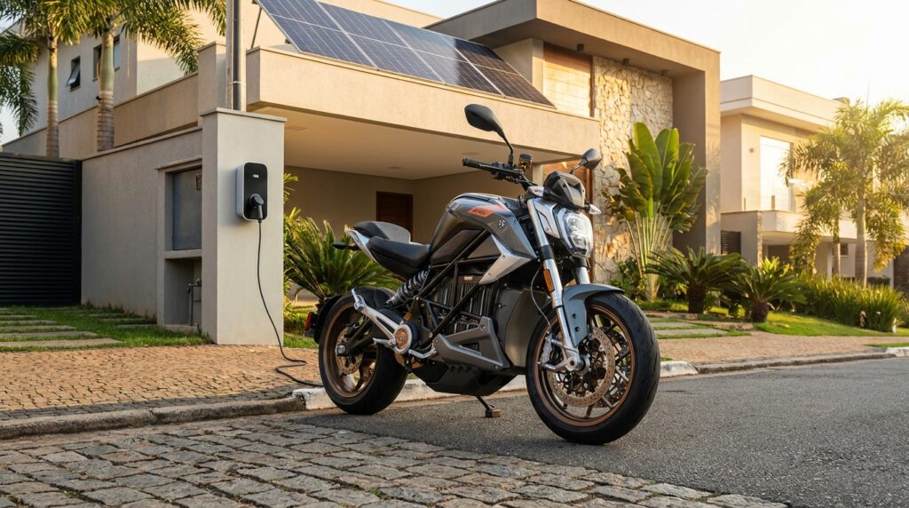 Moto elétrica sendo carregada em uma residência com painéis solares no telhado em São Paulo