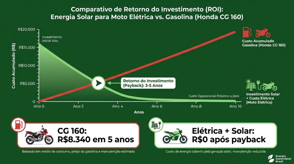 Infográfico comparando o retorno sobre investimento de energia solar para moto elétrica versus gasolina da Honda CG 160