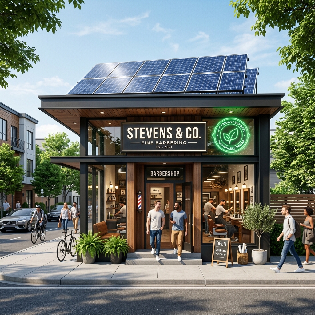 Barbearia premium de bairro atraindo clientes com energia solar instalada no teto