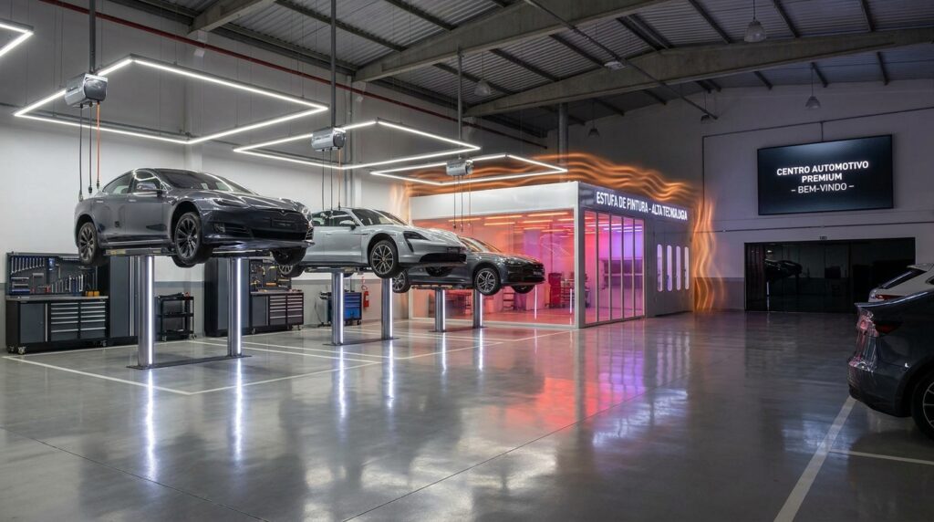 Centro automotivo moderno operando com elevadores elétricos e estufa de repintura