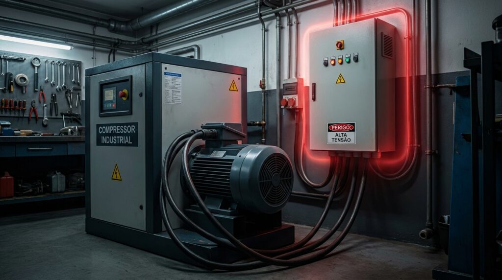 Compressor de ar parafuso industrial consumindo energia na oficina