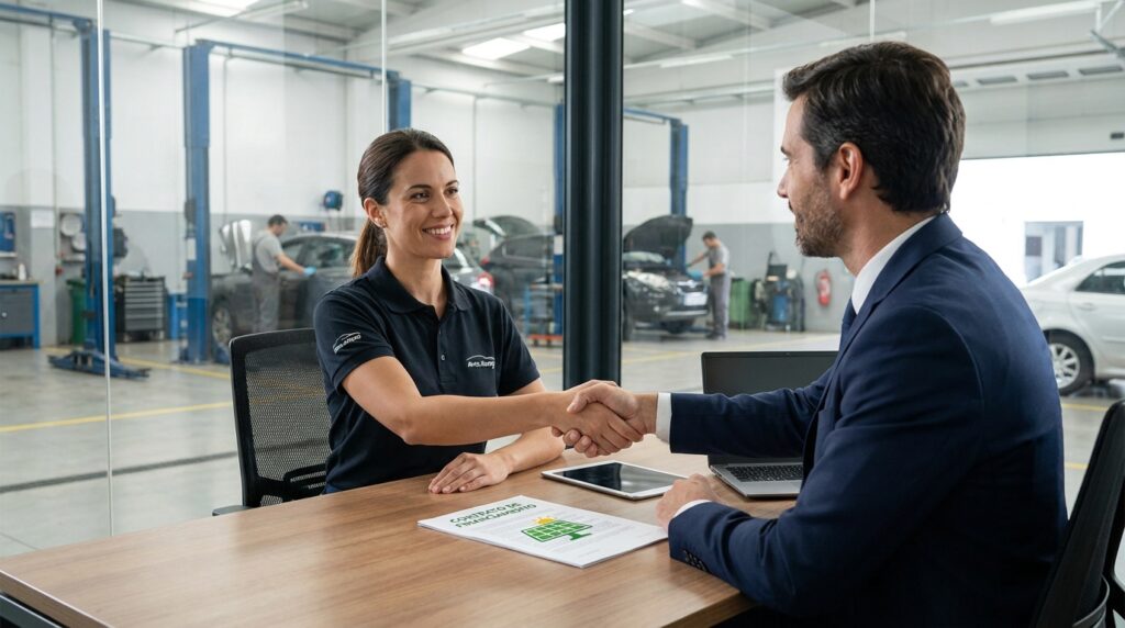 Dono de centro automotivo assinando crédito para usina solar no escritório