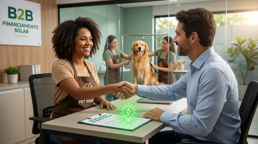 Empreendedor de Pet Shop assinando linha de financiamento no banco