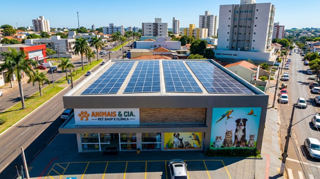 Pet shop de grande porte com painéis solares no telhado e selo de sustentabilidade na fachada