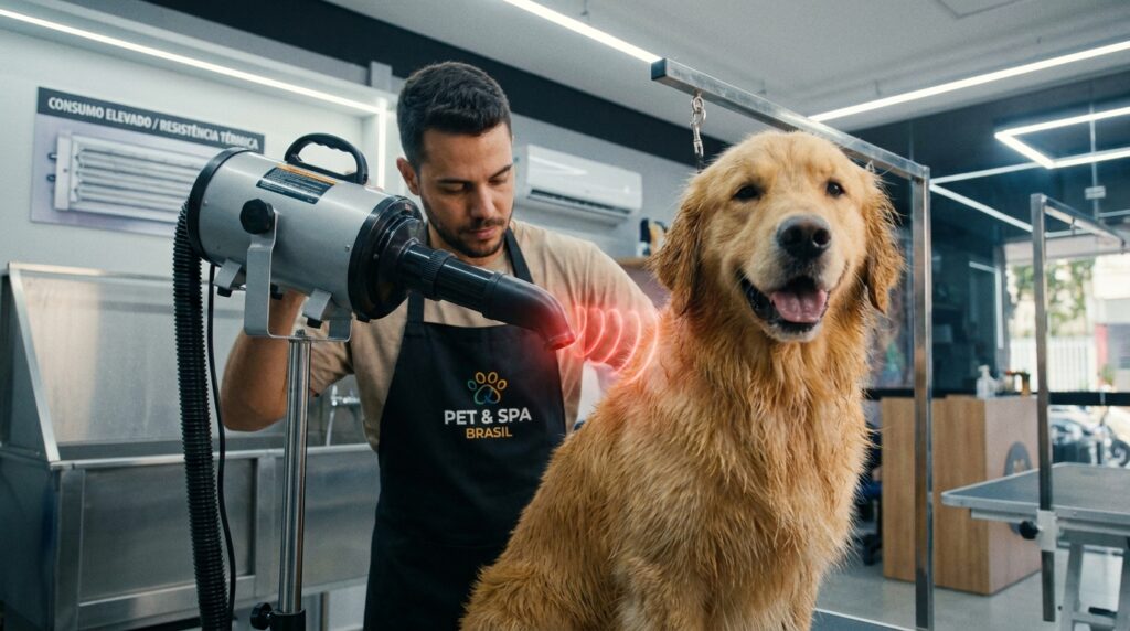 Groomer profissional utilizando secador de alta potência em um cachorro no pet shop