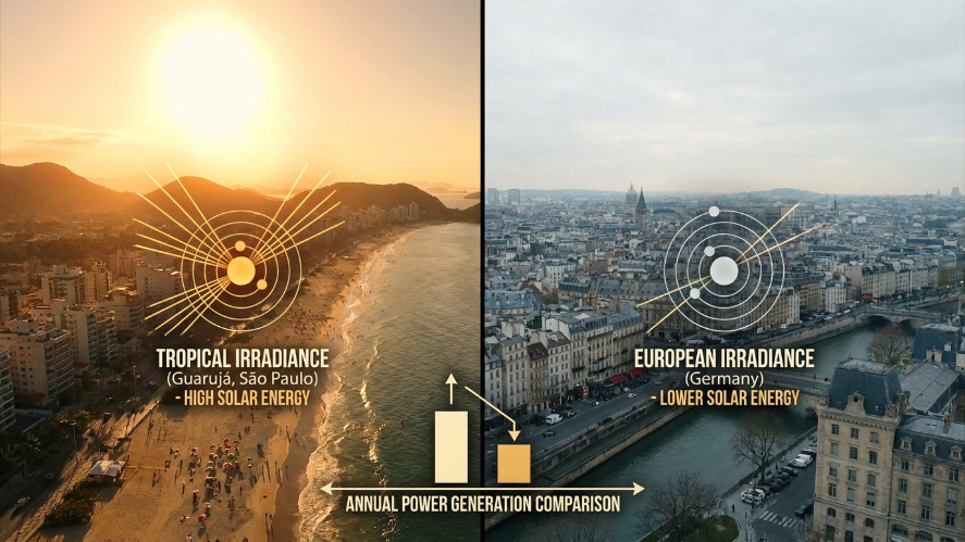 Comparativo de Irradiação, uma representação artística do potencial brasileiro frente ao europeu.