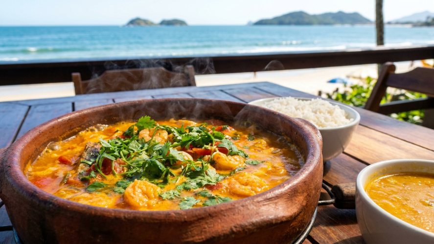 A Moqueca na Enseada, celebrando o tempero caiçara e a influência baiana no litoral.