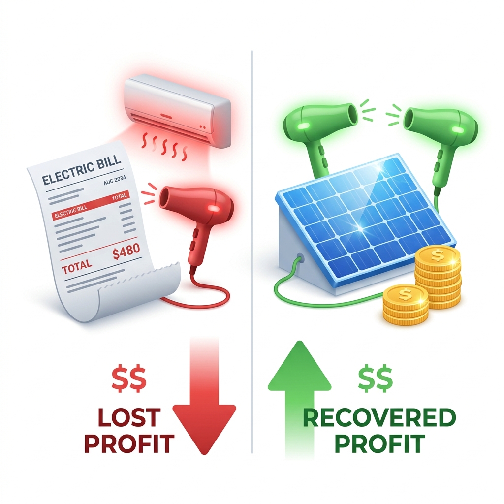 Infográfico ilustrando a economia drástica das máquinas de corte e geladeiras através da placa solar