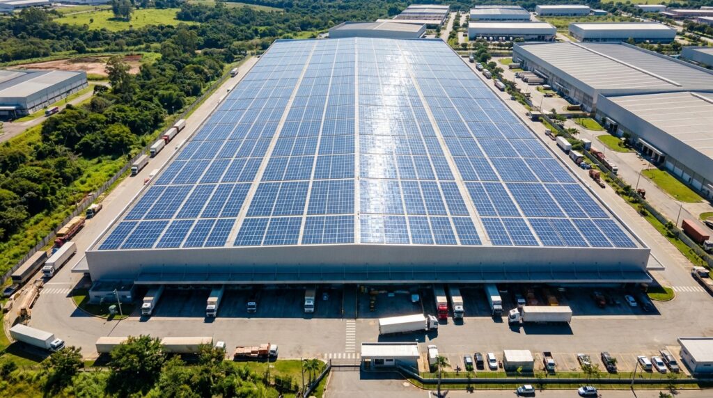 Foto aérea impressionante de um grande galpão logístico com o telhado totalmente coberto por painéis solares azuis.
