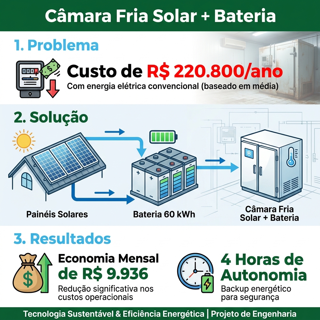 Uma fotografia arquitetônica profissional de uma instalação industrial moderna de processamento de alimentos (galpão de laticínio e frigorífico com câmaras frias) durante a "golden hour" (hora de ouro). O grande telhado metálico do edifício está coberto por uma enorme e limpa matriz de painéis solares azul-escuros que refletem o céu quente do pôr do sol. Ao lado do galpão, está instalado um sistema modular de armazenamento de energia em baterias de íon-lítio (BESS) em formato de container. A luz solar dourada e quente brilha nos painéis e nas texturas metálicas limpas do edifício. A imagem é limpa, sem pessoas e altamente inspiradora, representando sustentabilidade e tecnologia moderna. Estilo corporativo editorial, lente de 35 mm, alto detalhamento, fotorrealista, resolução 8k, proporção 16:9.