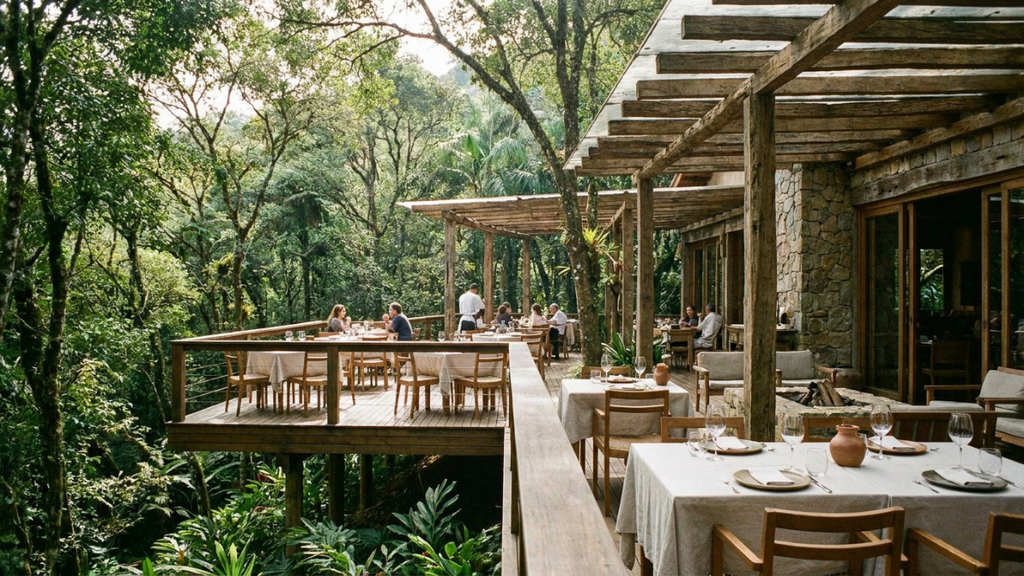 Gastronomia Elevada, com um deck sobre as árvores que exemplifica a experiência rústica e sofisticada da Serra.
