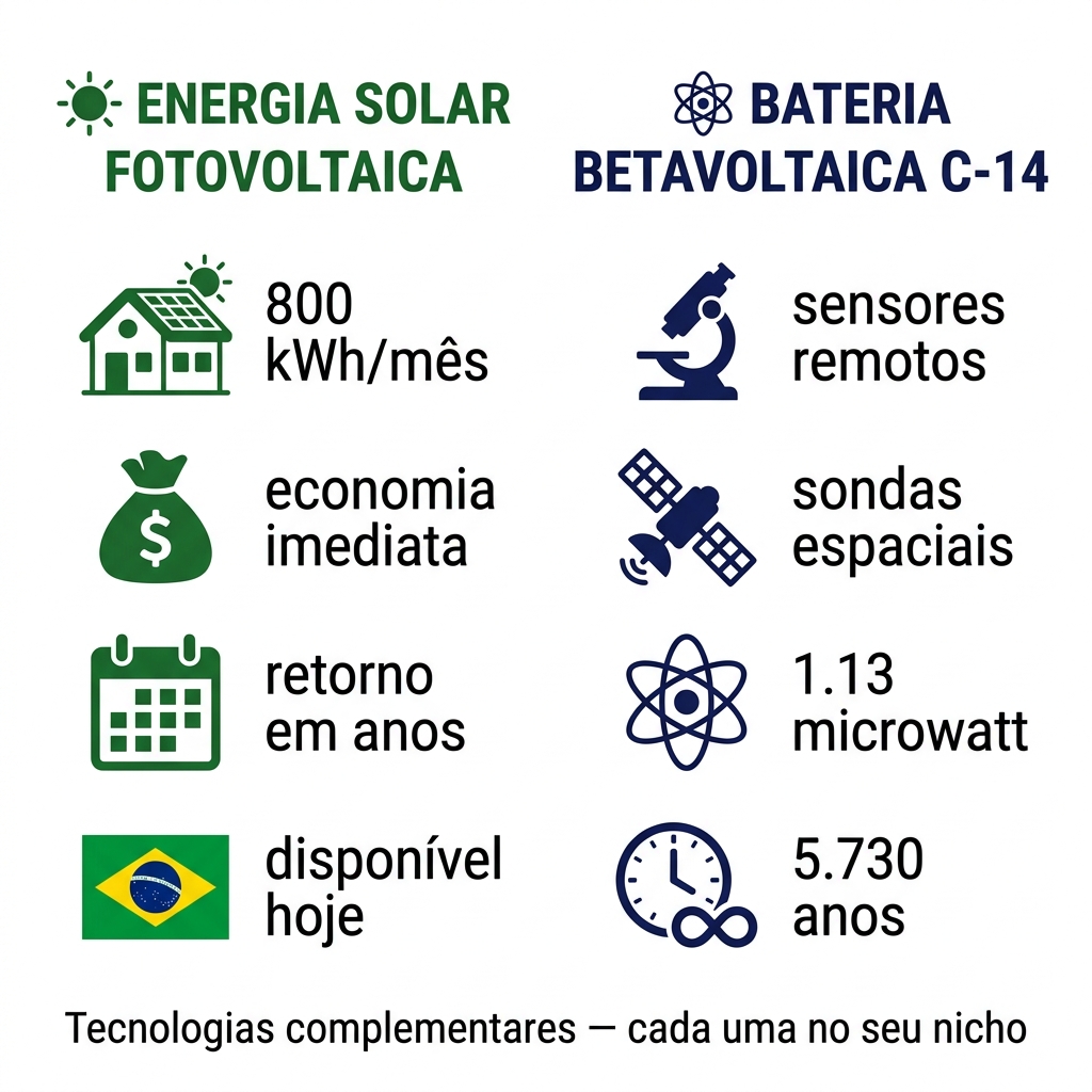 Comparativo visual entre energia solar fotovoltaica e bateria betavoltaica de carbono-14 — tecnologias complementares para diferentes nichos de aplicação energética