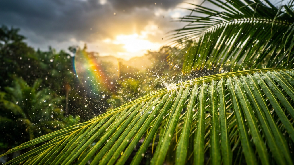 Sol e Chuva, visualizando o momento em que as gotas pesadas encontram a luz tropical.

