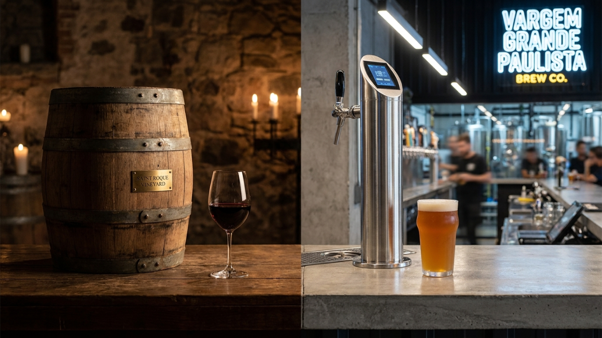 Composição artística dividida suavemente: de um lado, um barril de carvalho clássico e uma taça de vinho tinto representando São Roque; do outro, uma torneira de chope moderna e um copo de cerveja artesanal representando a cena de Vargem Grande Paulista. Estilo cinematográfico, iluminação dramática de um lado (tons profundos) e iluminação brilhante e moderna do outro.