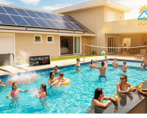 Pessoas em uma residência com aquecimento de piscina solar.