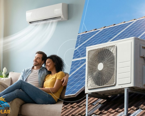 Ar condicionado de uma lado e do outro a condesadora com placas solares.